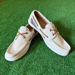 Sperry Top Sider Songfish Animal Print Cream Canvas Comfort Boat Shoe Size 9